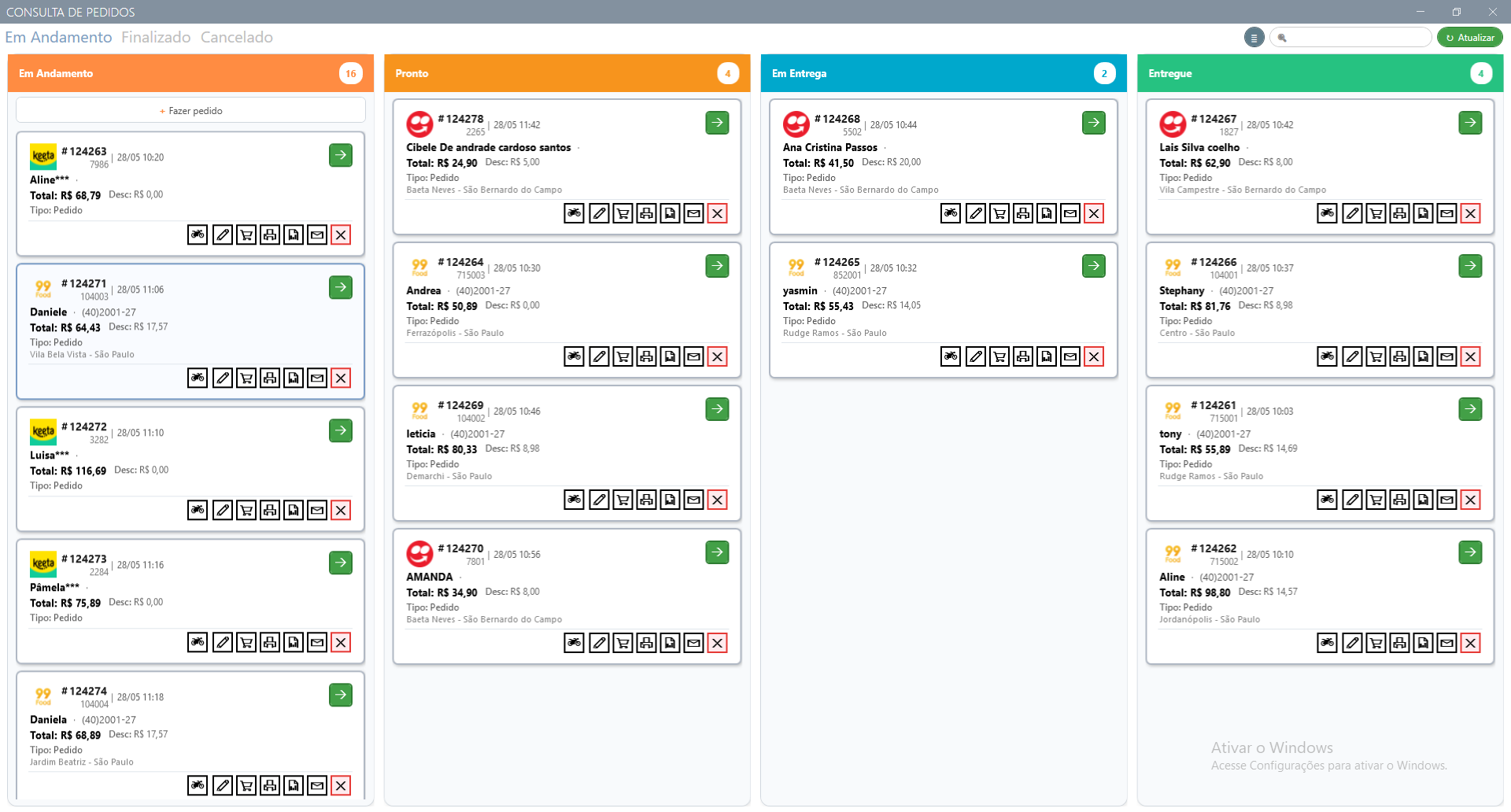 Tela Kanban do SAG: pedidos organizados em colunas Em Andamento, Pronto, Em Entrega e Entregue